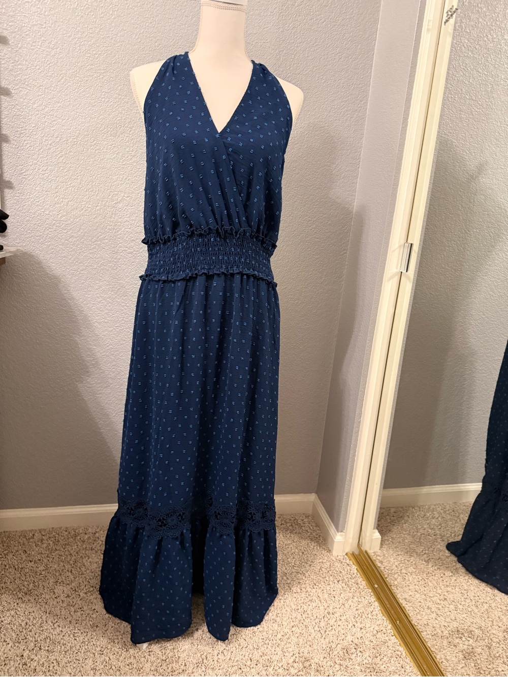 Navy Halter Maxi Dress with Smocked Waist back